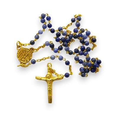 Chapelet bleu en sodalite 4 mm – Crucifix doré 3,2 cm – CH15-0239