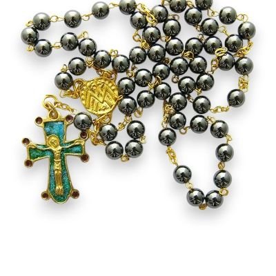 Chapelet en hématite et dorure – Croix émaillée cabochons – CH5-0197