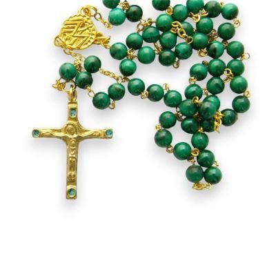 Chapelet vert en malachite – Crucifix et cabochons – CH12-0202
