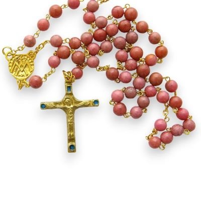 Chapelet rose en Rhodonite – Crucifix et cabochons – CH9-202