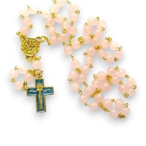 Chapelet en quartz rose et doré – Croix émaillée – CH3-0181