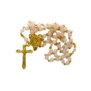 Chapelet doré en quartz rose 4 mm – Crucifix doré plat – CH17-0240