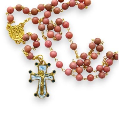 Chapelet en Rhodonite avec une croix et le Christ – CH9-0197