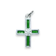 Pendentif argent croix avec chrisme aux branches émaillées de vert