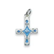 Pendentif argent croix en argent et émail bleu avec trèfles