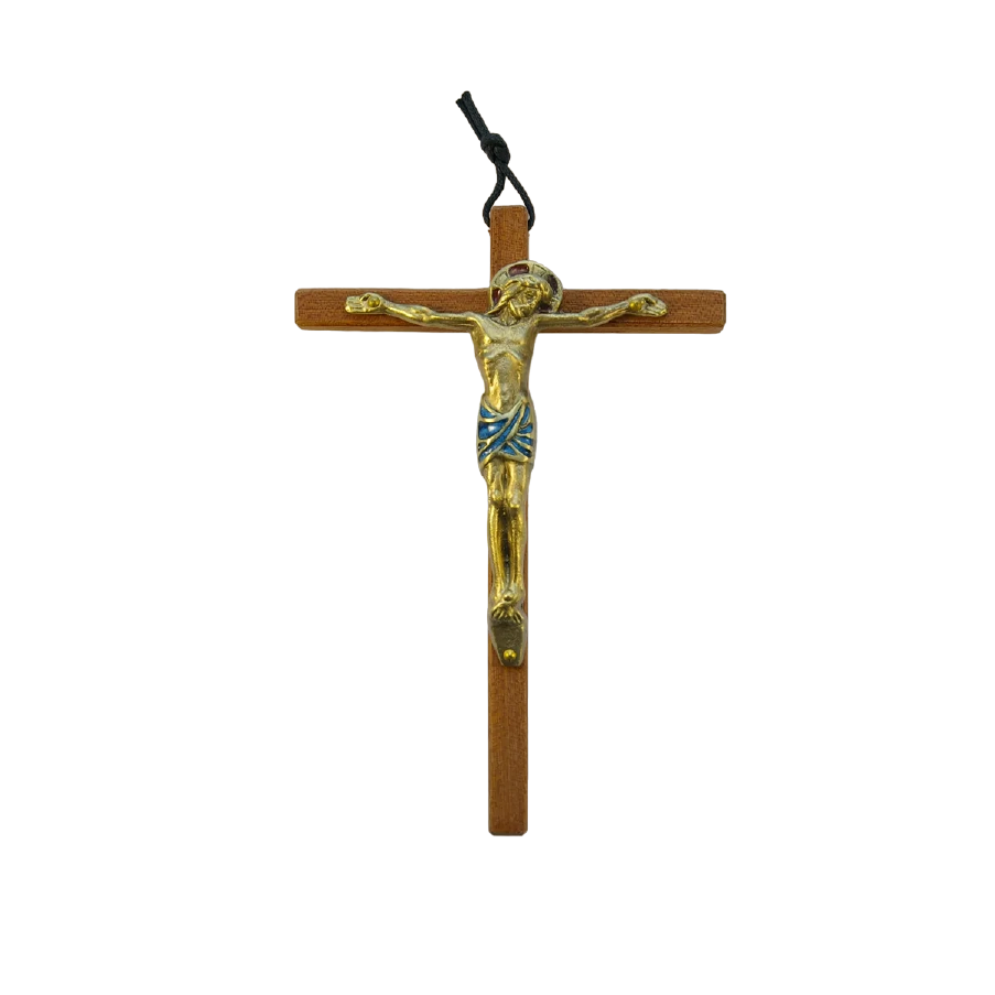 Christ en bronze émaillé, sur croix de bois – 18 cm – 0112 bleu | Les Tailleurs d'Images