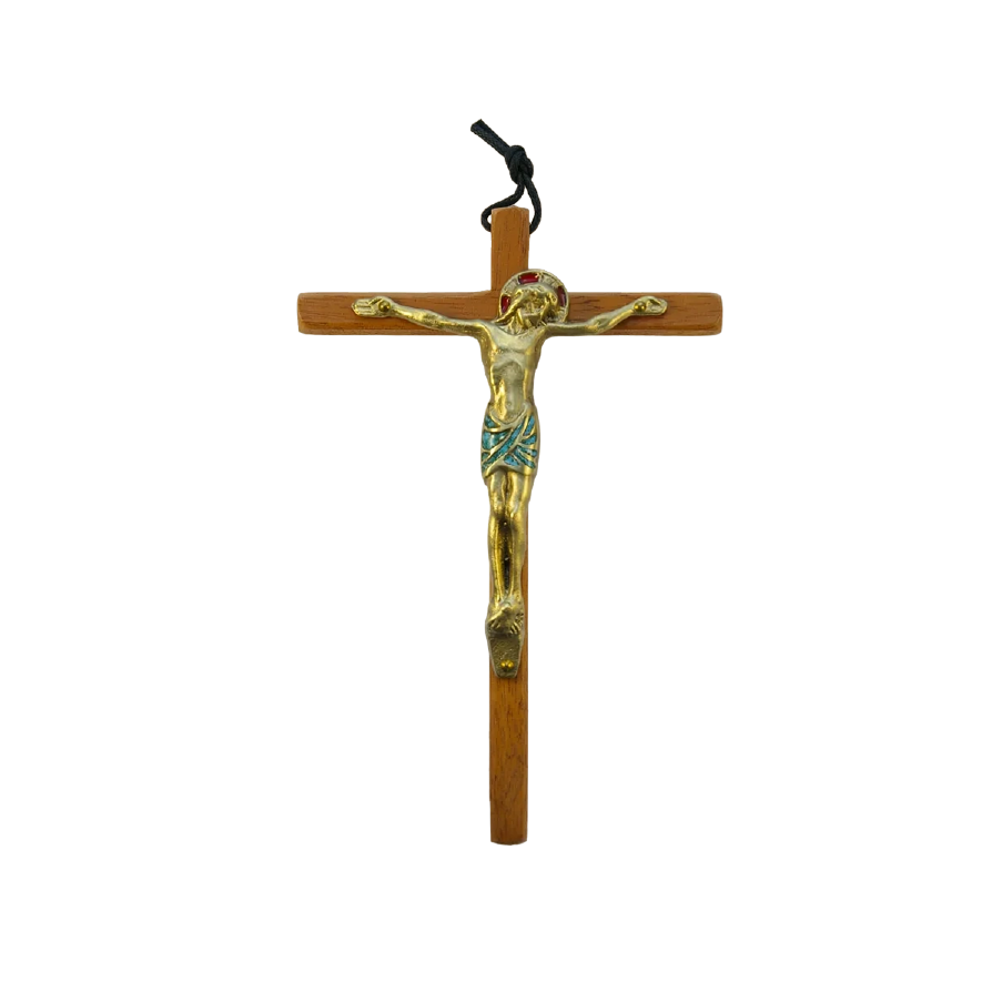 Christ en bronze émaillé, sur croix de bois – 18 cm – 0112 vert | Les Tailleurs d'Images