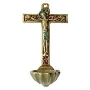 Bénitier coquille St Jacques, crucifix sur croix décorée – 15 cm – 0130