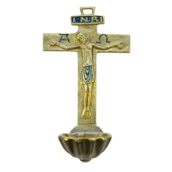 Bénitier Croix Latine en Bronze Émaillé avec Christ, Alpha, Oméga et INRI  – 16 cm – 0131