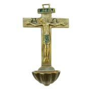 Bénitier Croix Latine en Bronze Émaillé avec Christ, Alpha, Oméga et INRI - 16 cm - 0131 vert