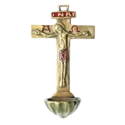 Bénitier Croix Latine en Bronze Émaillé avec Christ, Alpha, Oméga et INRI - 16 cm - 0131 rouge