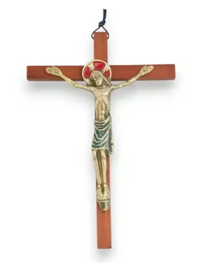 Christ en bronze émaillé, sur croix de bois – 19 cm – 0152