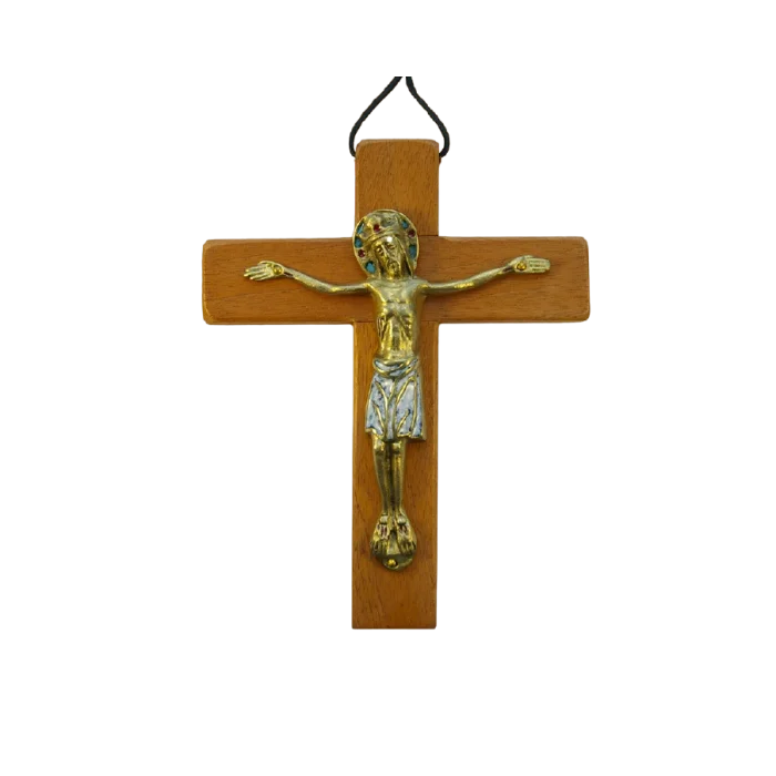Christ en Majesté, Jésus couronné sur croix de bois – 19 cm – 650