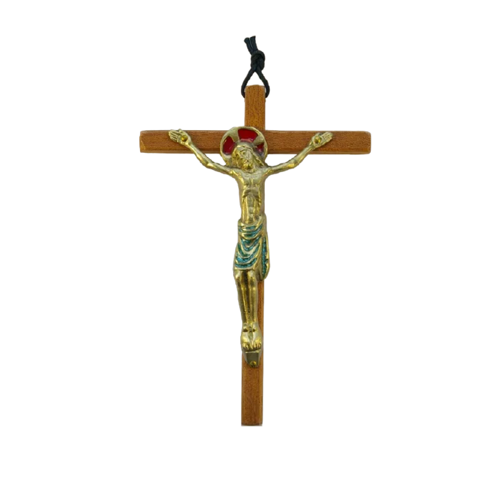 Christ en bronze émaillé, sur croix de bois – 19 cm – 0152