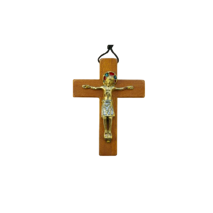 Christ en bronze émaillé, sur croix de bois – 13,5 cm – 330