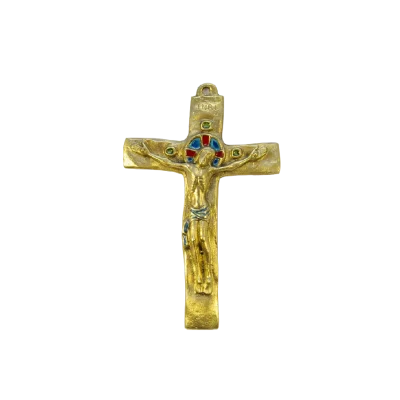 Crucifix en bronze, Christ sur croix émaillée romane INRI  – 15,5 cm – 062