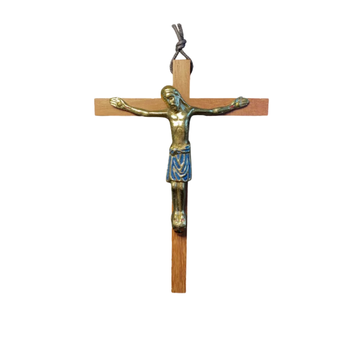 Crucifix en bronze émaillé, sur croix de bois – 18 cm – 170