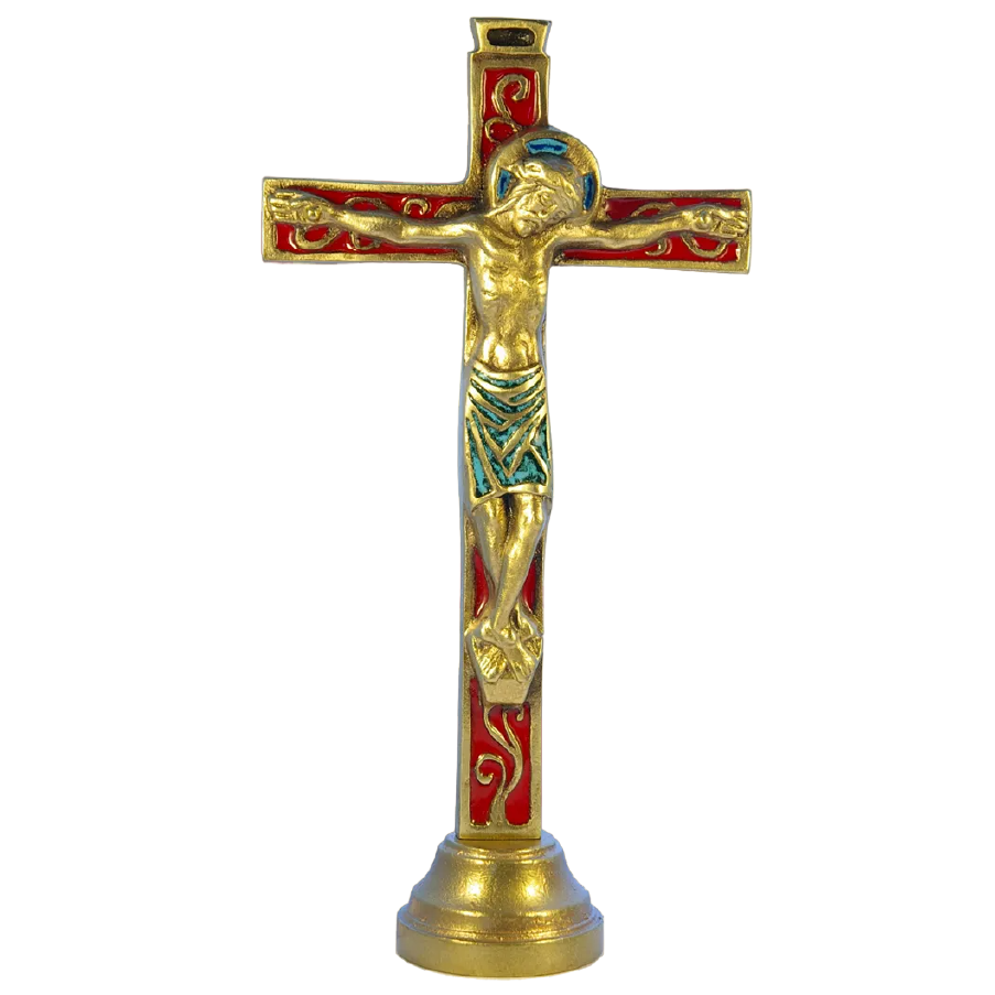 Crucifix sur socle - Bronze émaillé - 26 cm - 04SOCLE - ROUGE_- Les Tailleurs d'Images