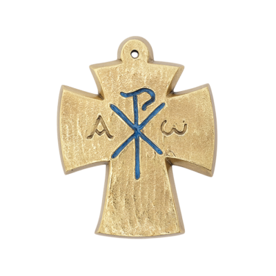 Alpha, Oméga, Chrisme sur croix en bronze émaillé – 9,4 cm – L27