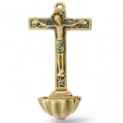 Bénitier coquille St Jacques, crucifix sur croix décorée – 15 cm – 0130