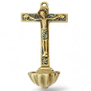 Bénitier coquille St Jacques, crucifix sur croix décorée – 15 cm – 0130