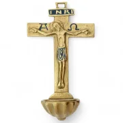 Bénitier Croix Latine en Bronze Émaillé avec Christ, Alpha, Oméga et INRI - 16 cm - 0131 bleu