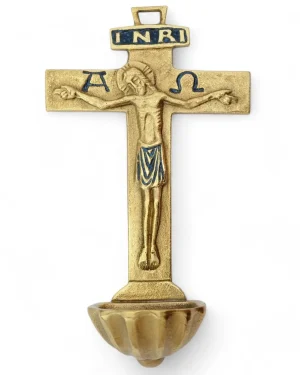 Bénitier Croix Latine en Bronze Émaillé avec Christ, Alpha, Oméga et INRI – 16 cm – 0131