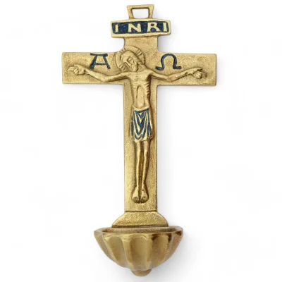 Bénitier Croix Latine en Bronze Émaillé avec Christ, Alpha, Oméga et INRI  – 16 cm – 0131