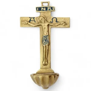 Bénitier Croix Latine en Bronze Émaillé avec Christ, Alpha, Oméga et INRI – 16 cm – 0131