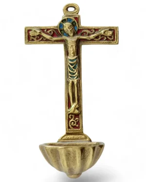 Bénitier coquille St Jacques, crucifix sur croix décorée – 15 cm – 0130