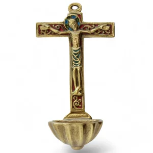 Bénitier coquille St Jacques, crucifix sur croix décorée – 15 cm – 0130