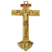 Bénitier Croix Latine en Bronze Émaillé avec Christ, Alpha, Oméga et INRI - 16 cm - 0131 rouge