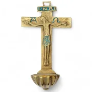 Bénitier Croix Latine en Bronze Émaillé avec Christ, Alpha, Oméga et INRI - 16 cm - 0131 vert