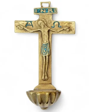 Bénitier Croix Latine en Bronze Émaillé avec Christ, Alpha, Oméga et INRI – 16 cm – 0131