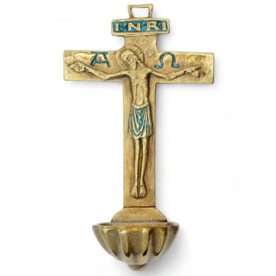 Bénitier Croix Latine en Bronze Émaillé avec Christ, Alpha, Oméga et INRI  – 16 cm – 0131