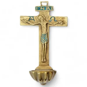 Bénitier Croix Latine en Bronze Émaillé avec Christ, Alpha, Oméga et INRI – 16 cm – 0131