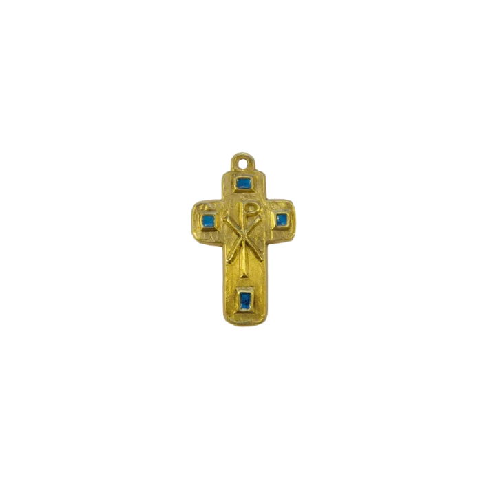 Cabochons en émaux et Chrisme sur croix en bronze émaillé – 9,5 cm – L24