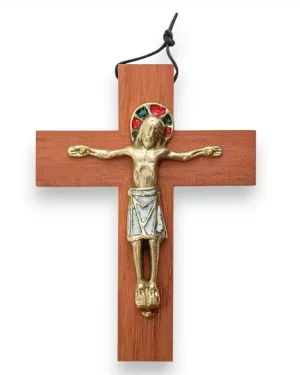 Christ en bronze émaillé, sur croix de bois – 13,5 cm – 330