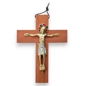 Christ en bronze émaillé, sur croix de bois – 13,5 cm – 330