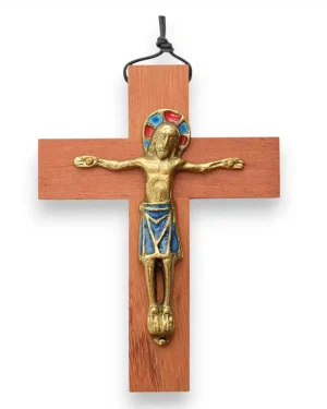 Christ en bronze émaillé, sur croix de bois – 13,5 cm – 330
