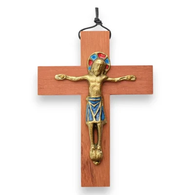 Christ en bronze émaillé, sur croix de bois – 13,5 cm – 330