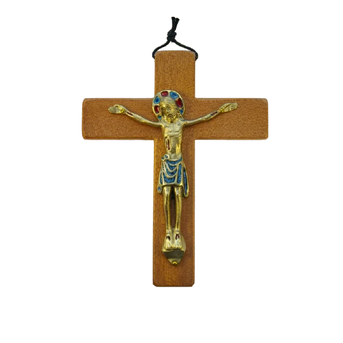 Christ en bronze émaillé, sur croix de bois – 19 cm – 460