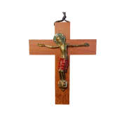 Christ en bronze émaillé, sur croix de bois – 19 cm – 710 rouge - Les Tailleurs d'Images