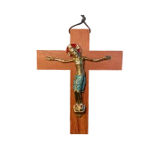 Christ en bronze émaillé, sur croix de bois – 19 cm – 710 vert - Les Tailleurs d'Images