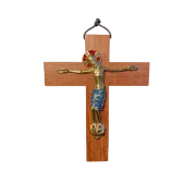 Christ en bronze émaillé, sur croix de bois – 19 cm – 710 bleu - Les Tailleurs d'Images
