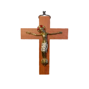 Christ en bronze émaillé, sur croix de bois – 19 cm – 710 blanc - Les Tailleurs d'Images