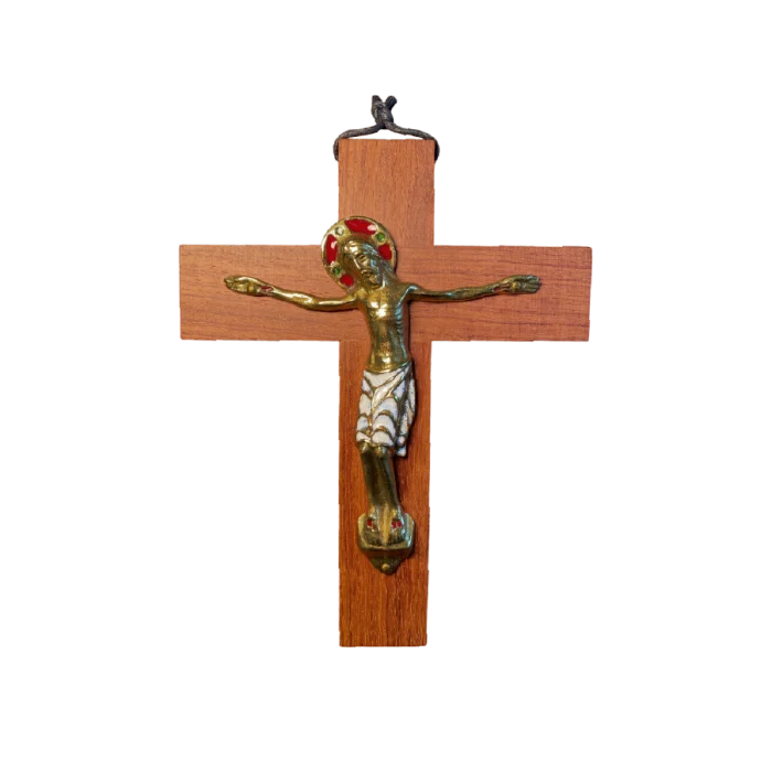 Christ en bronze émaillé, sur croix de bois – 19 cm – 710