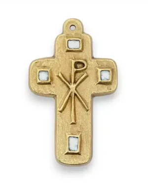 Cabochons en émaux et Chrisme sur croix en bronze émaillé – 9,5 cm – L24