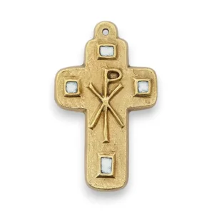 Cabochons en émaux et Chrisme sur croix en bronze émaillé – 9,5 cm – L24