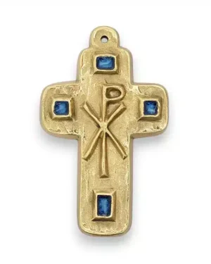 Cabochons en émaux et Chrisme sur croix en bronze émaillé – 9,5 cm – L24